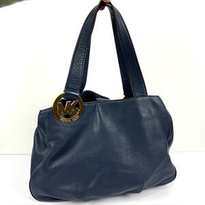 Michael Kors Fulton East West Large Shoulder Bag Navy Leather Authentic Vintage